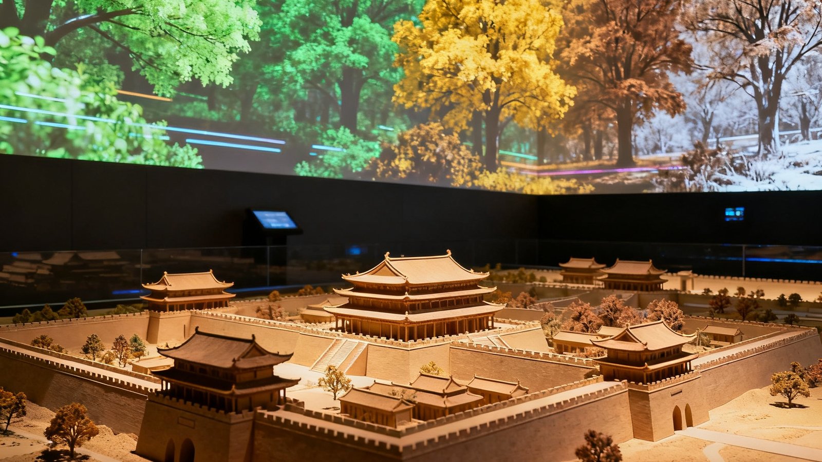 一个大型数字沙盘展示古城微缩模型，顶部投影将四季植被变化动态渲染在建筑表面。